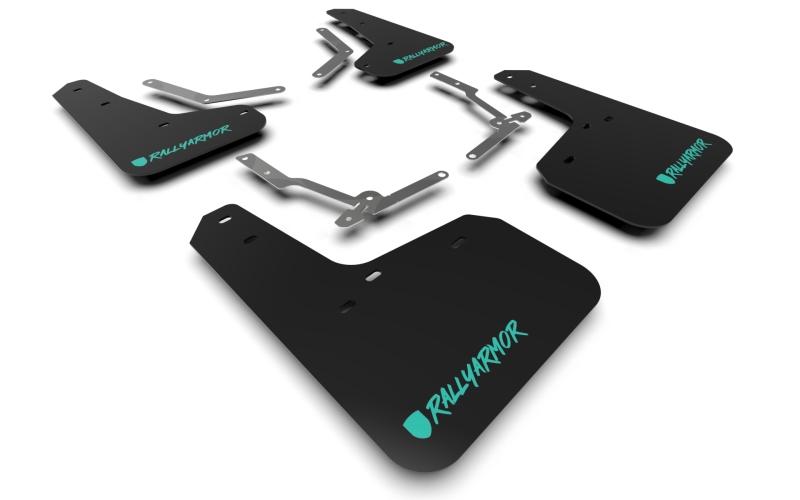 Ford RS Mud Flaps - Front + Rear - Rally Armor - UR Black Flap / Altered Teal Logo - Black - `16-`19 Ford RS Mud Flaps - Front + Rear - Rally Armor - UR Black Flap / Altered Teal Logo - Black - `16-`19